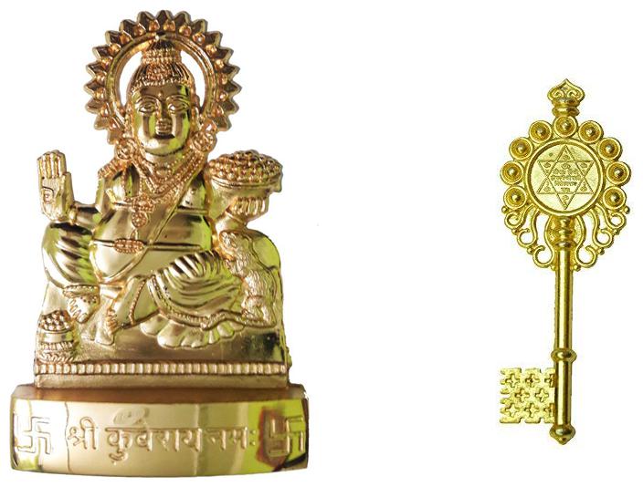 Bronze Kuber Kunji Key With Kuber Statue Original Vastu Fengshui for Wealth & Prosperity (Yellow)