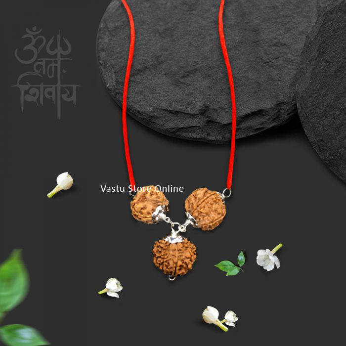 Rudraksha for Strength and Power - 3, 7, 12 Mukhi (faces) All Nepal Rudraksha combination in Silver Pendant with Red Thread, Lab Certified