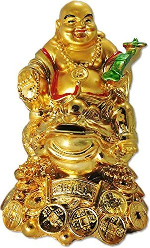 Feng Shui Laughing Buddha with Money Frog On Bed of Wealth for Money, Success and Happiness