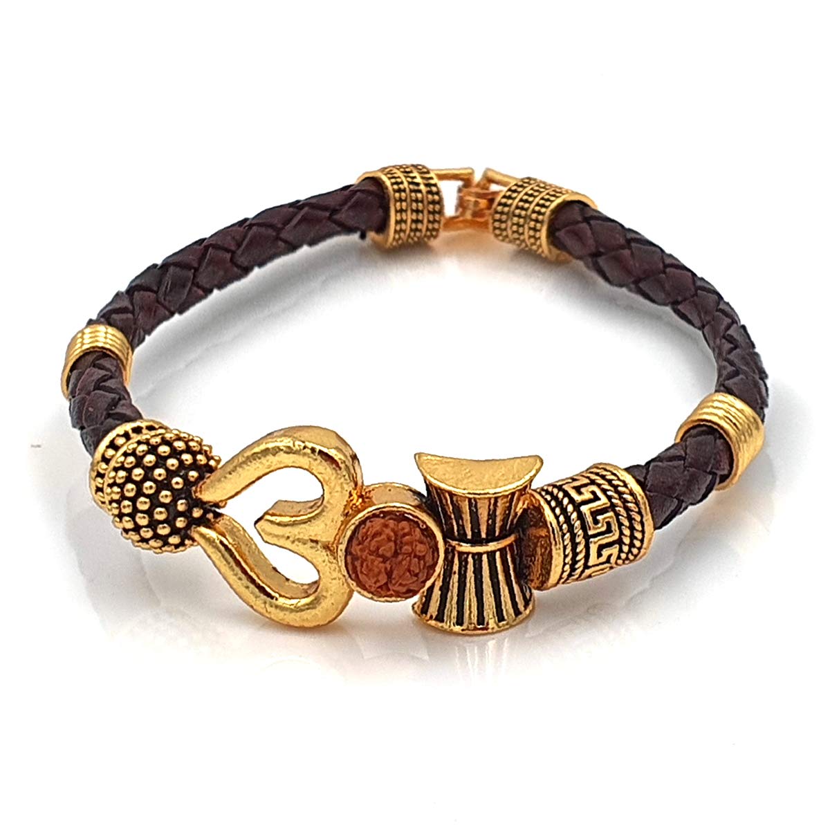 Gold Healing and Powerful Rudraksha Damru Trishul Shiva Adjustable Leather Bracelet for Men