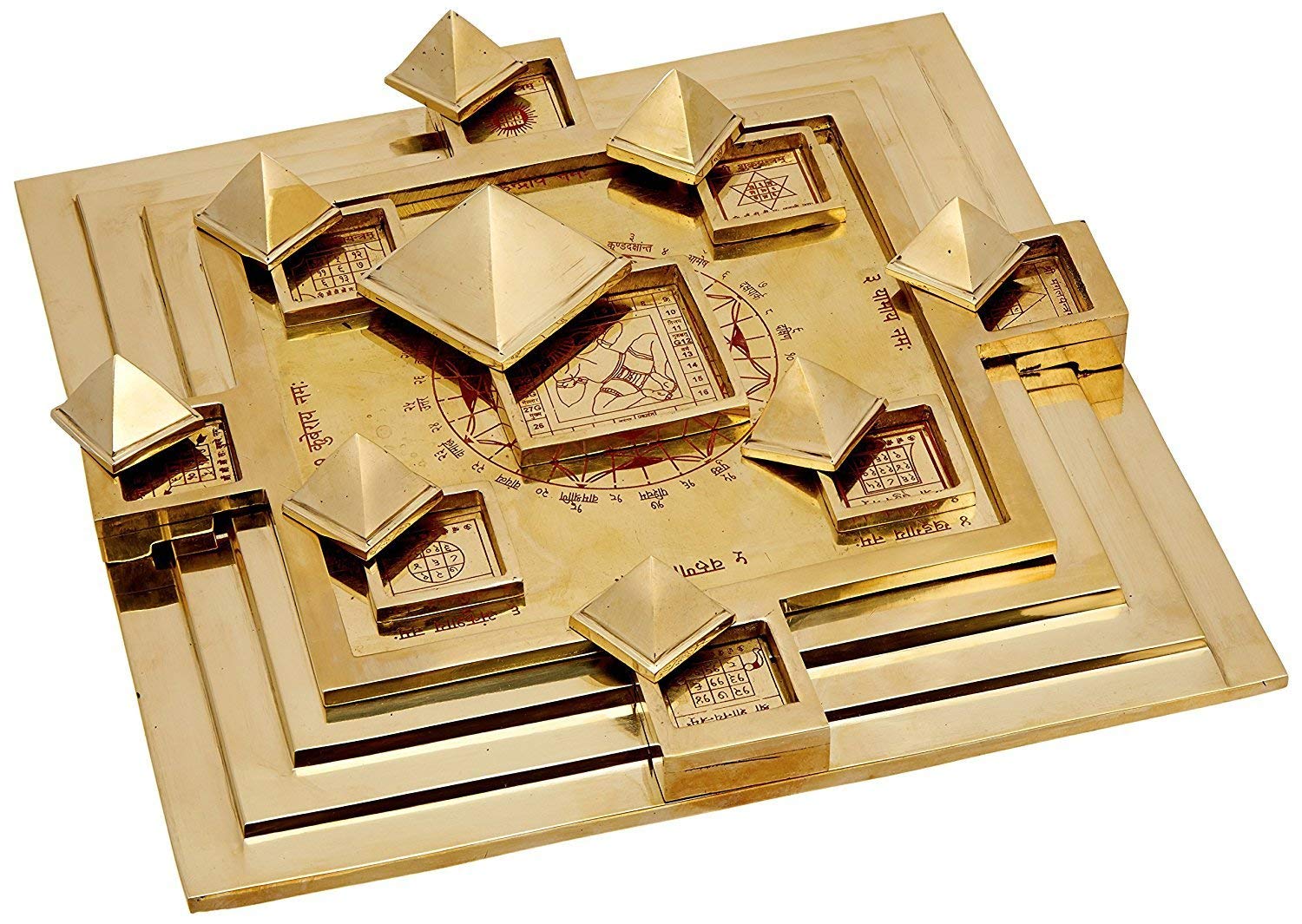 Brass Maha Vastu Purush Yantra Ashtadhatu Navgrah Pyramid Chowki with Removable Pyramids