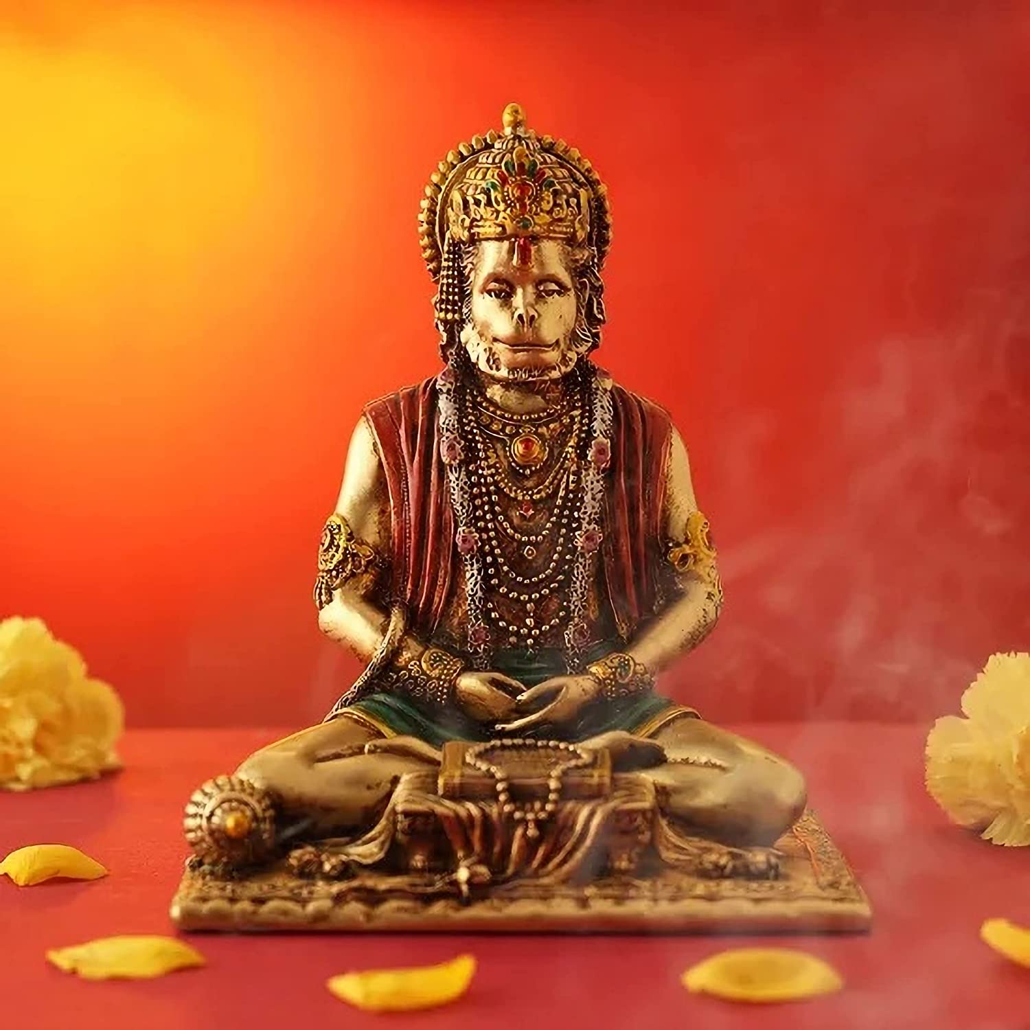 Resin Lord Hanuman Meditating Statue (Gold Finish) Hmas112