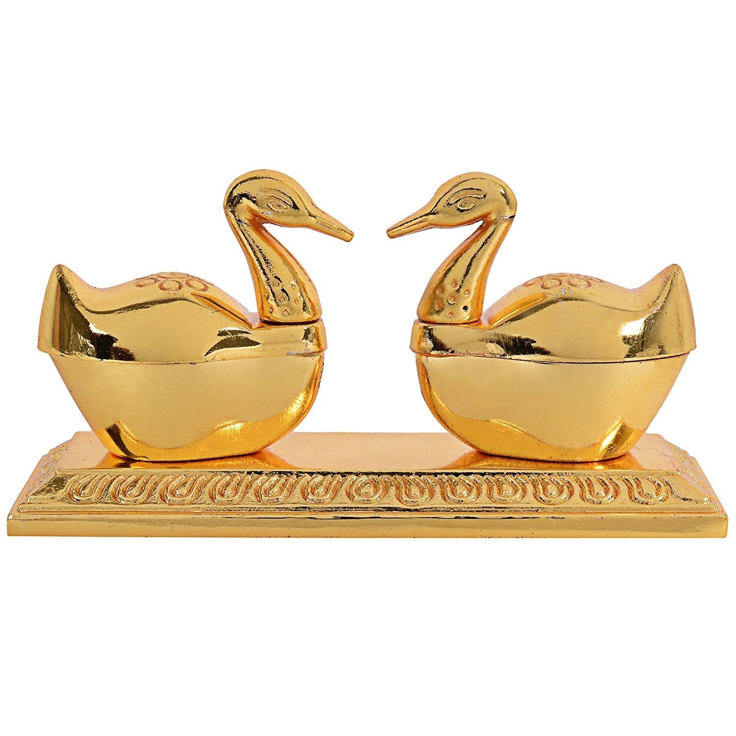 Handicraft Double Swan Golden Metal Brass Chandan Roli Chopda, Chawal-Akshat-Haldi, Kumkum Box Pair with Loving Bird Duck