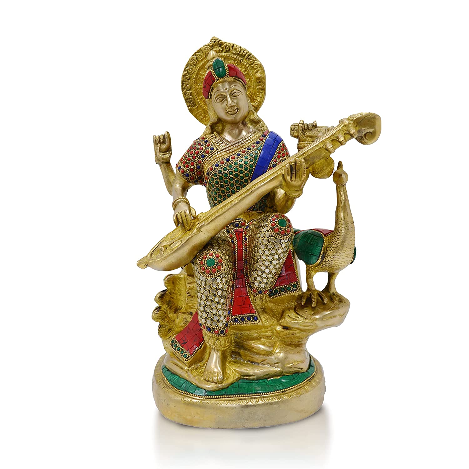 Saraswati Brass Idol With Stone Hand Work Sts111