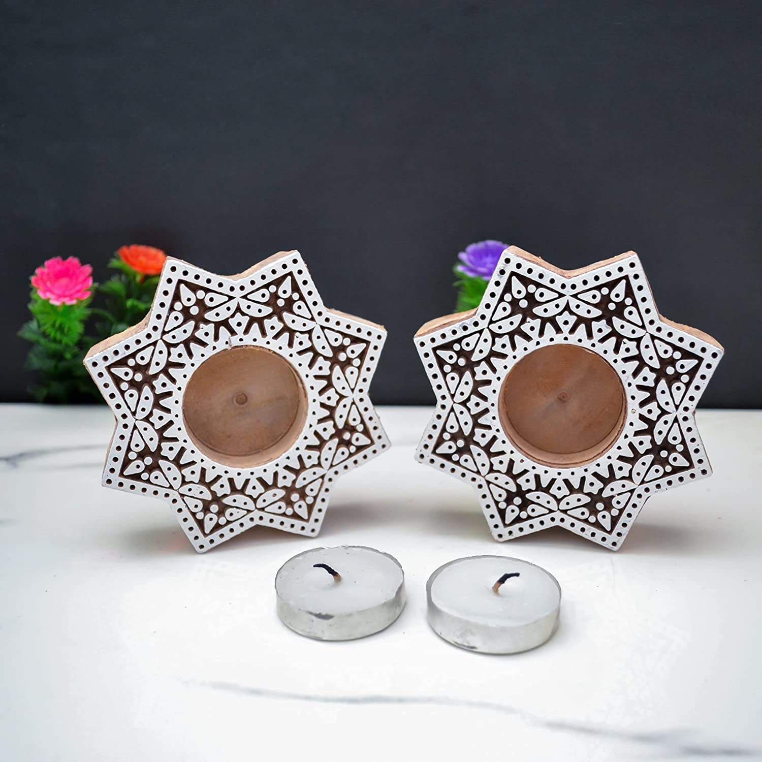 Wooden Block Print Tea Light Candle Holder (Set Of 2) Tcmh373