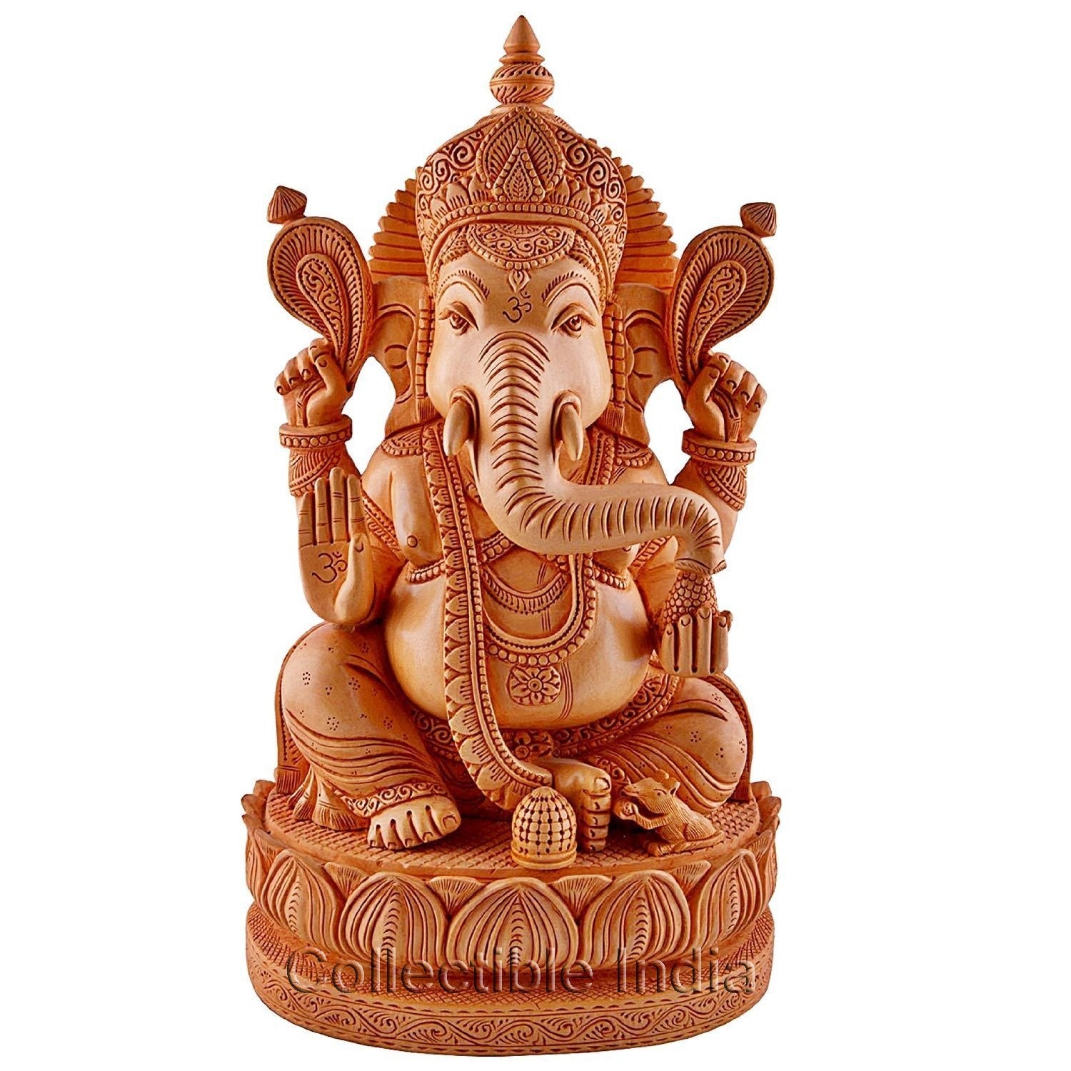 Wooden Idol Of Ganpati Sitting On Lotus Pedestal Sculpture Gws154