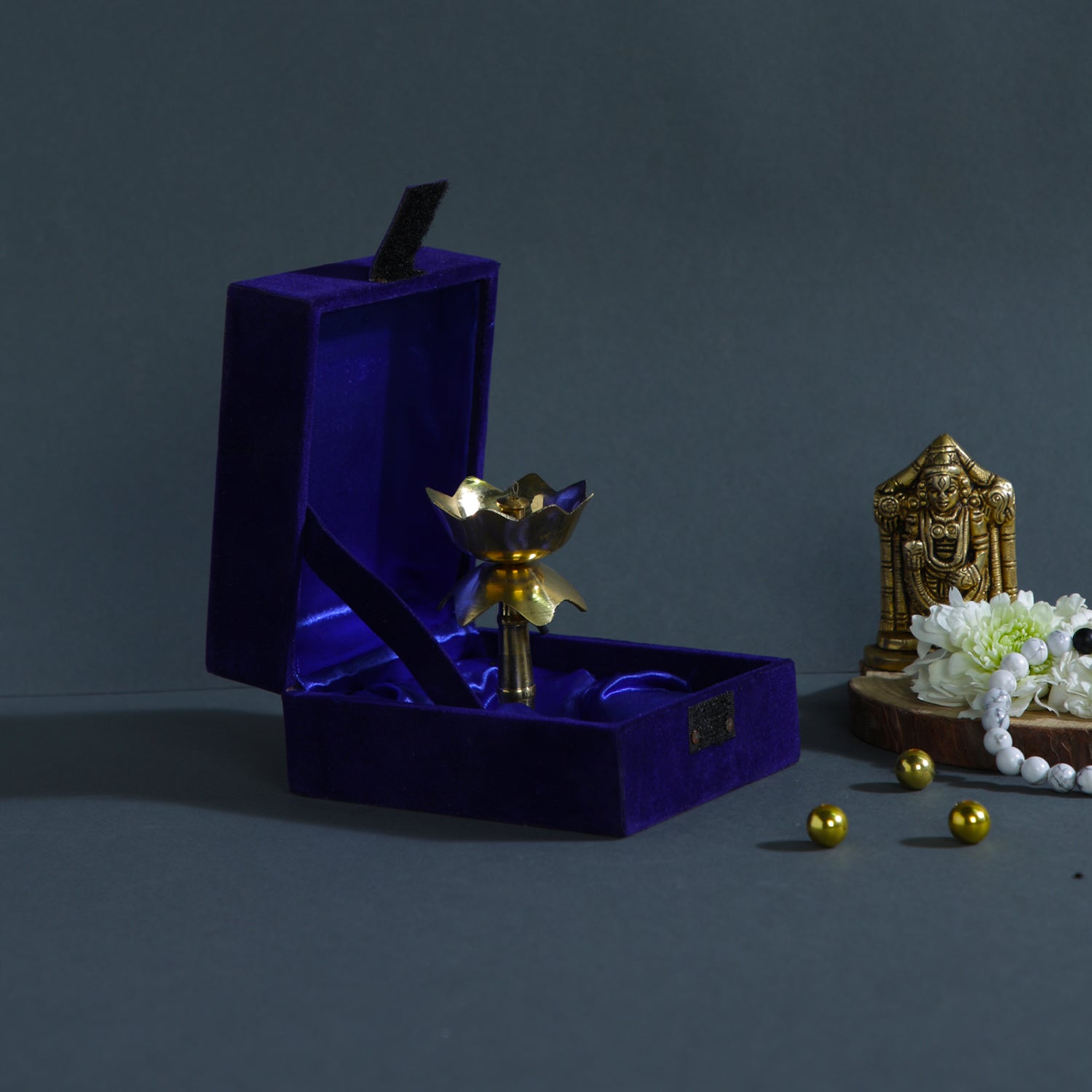 Lotus Brass Diya Stand With Velvet Blue Box For Gifting Dfbs416