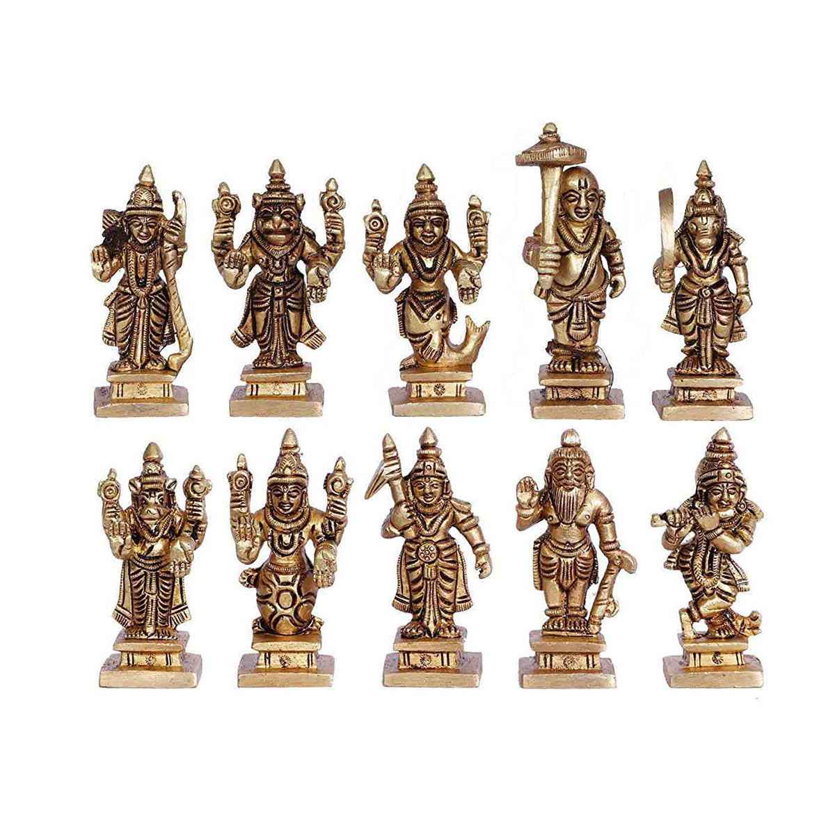 Brass Dashavatara Dasavatharam of Lord Vishnu Statues Ten Incarnations Avatars Idol Murti for Mandir Puja Temple