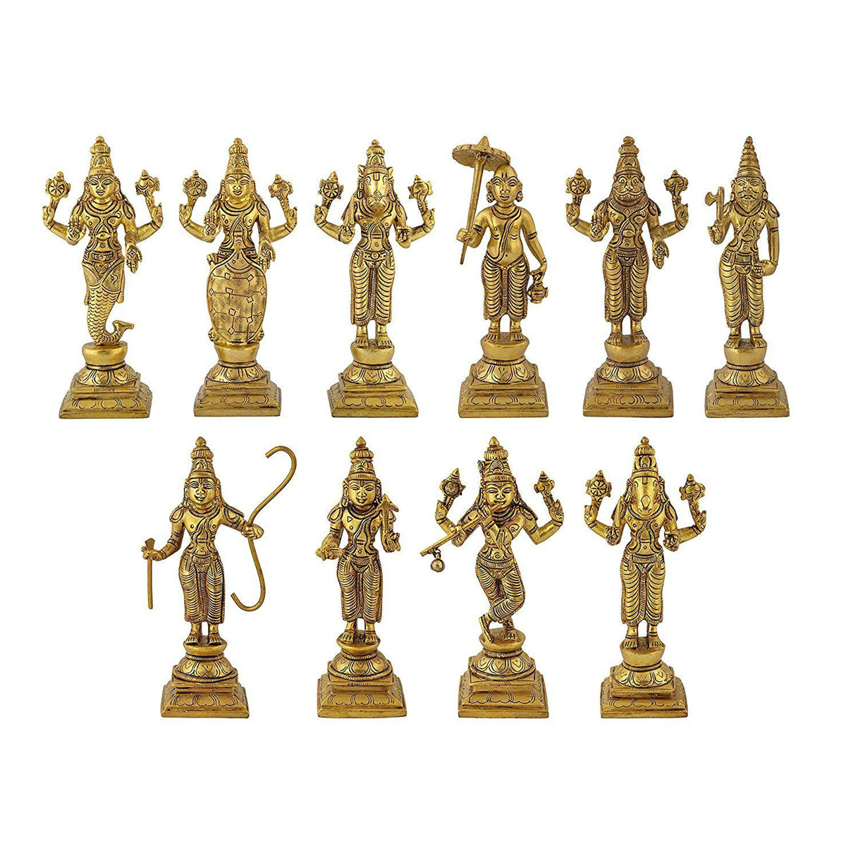 Brass Dashavatara of Lord Vishnu Statues Ten Incarnations Avatars Idol Murti for Mandir Puja Temple