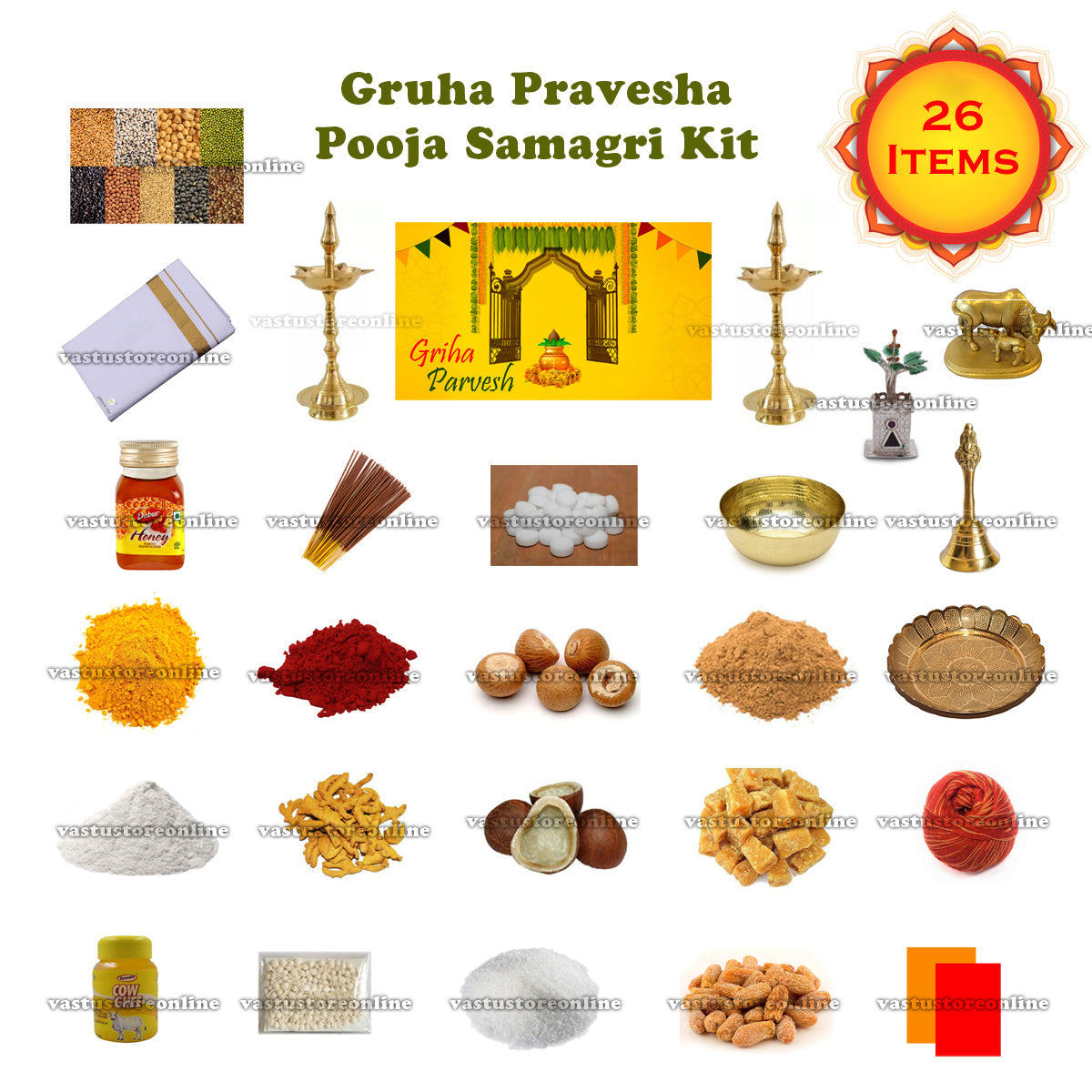 Gruhapravesha Pooja Samagri Kit, Contains 24 Items Kit for Pooja, Temple, Gifting Purpose, New Home