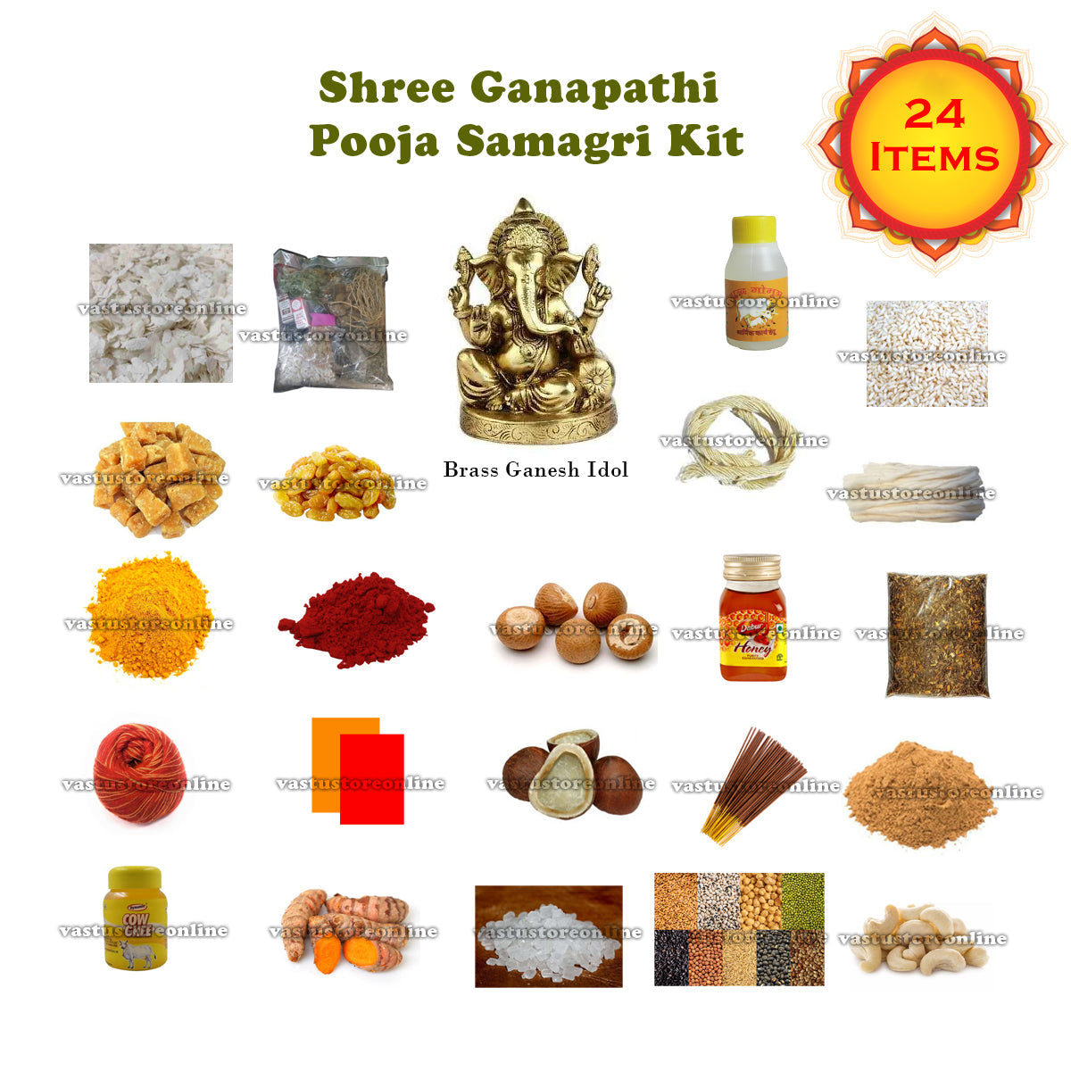 Shree Ganpathi Pooja Samagri Kit, Contains 24 Items Kit for Pooja, Temple, Gifting Purpose