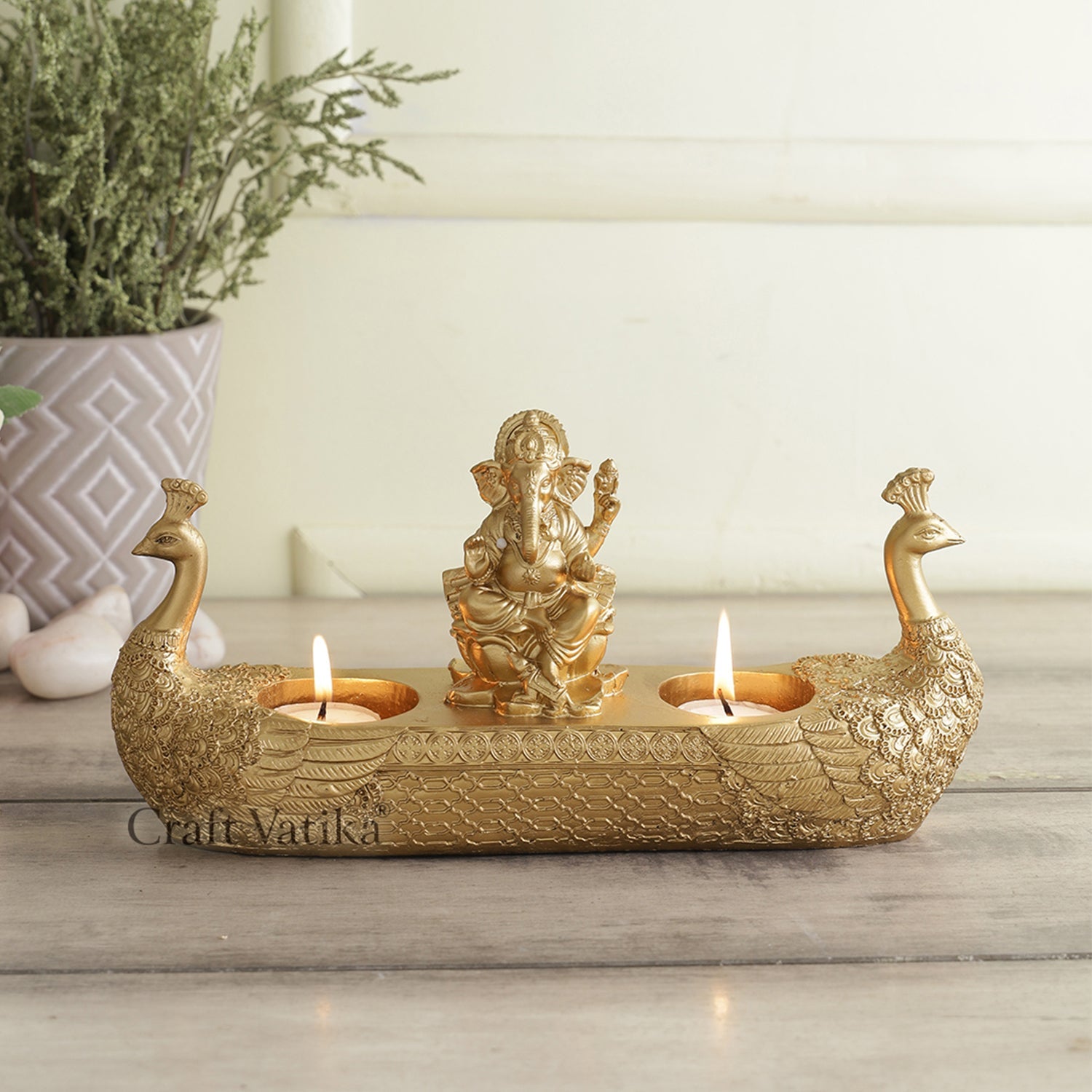 Resin Ganesh Idol On Swan Boat With Tealight Holder Gmas260