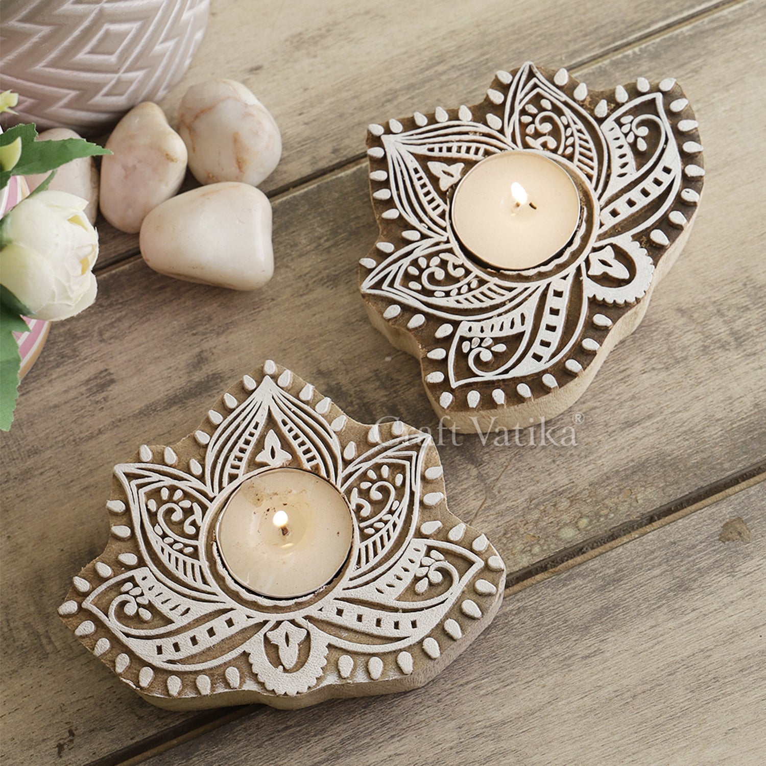 Wooden Lotus Shaped Tea Light Candle Holder Stand (Set Of 2), Tcmh368