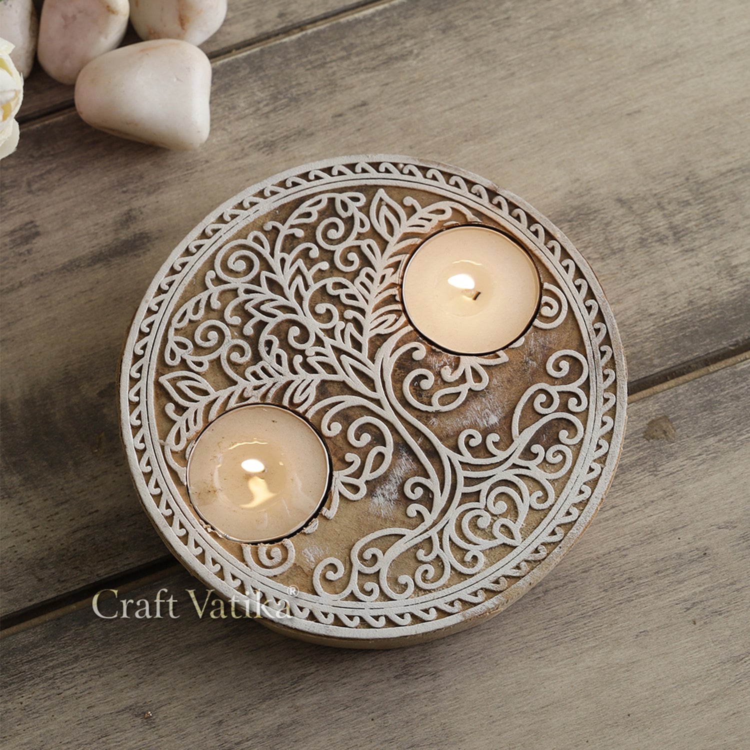 Wooden Tree Of Life Round Tea Light Candle Holder (Set Of 1), Tcmh369