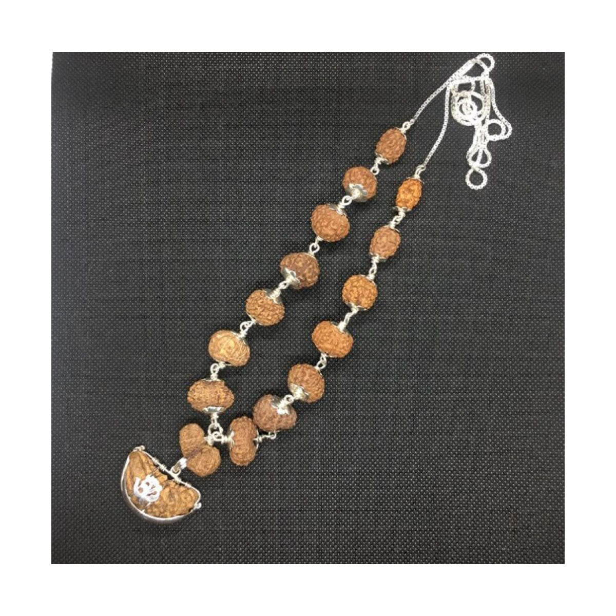 1 to 14 Mukhi + Ganesh and Gauri Shanakar Java Siddha Mala in Medium Size Beads In Pure Silver Chain, 14 mm - 16 mm Lab Certified