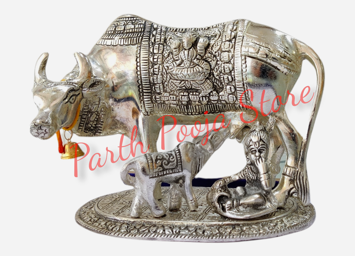 Kamdhenu Cow with Calf and Krishna Brass Like Metal Showpiece