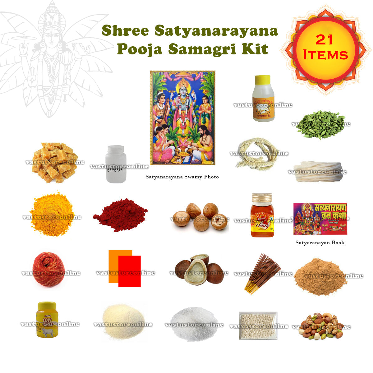 Sri Satyanarayana Swamy Vratham Pooja Samagri Kit, Contains 21 Items Kit for Pooja, Temple, Gifting Purpose