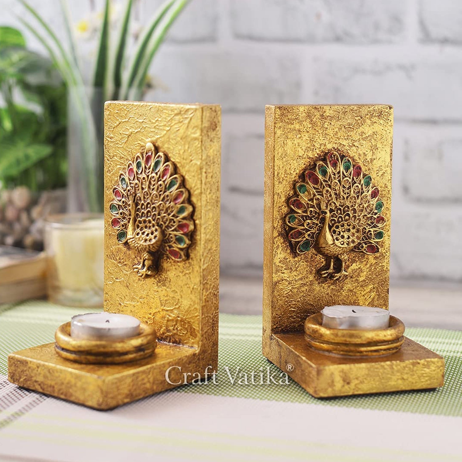 Peacock Design Resin Tea Light Candle Holder Stand, 2 Pc Tcmh324