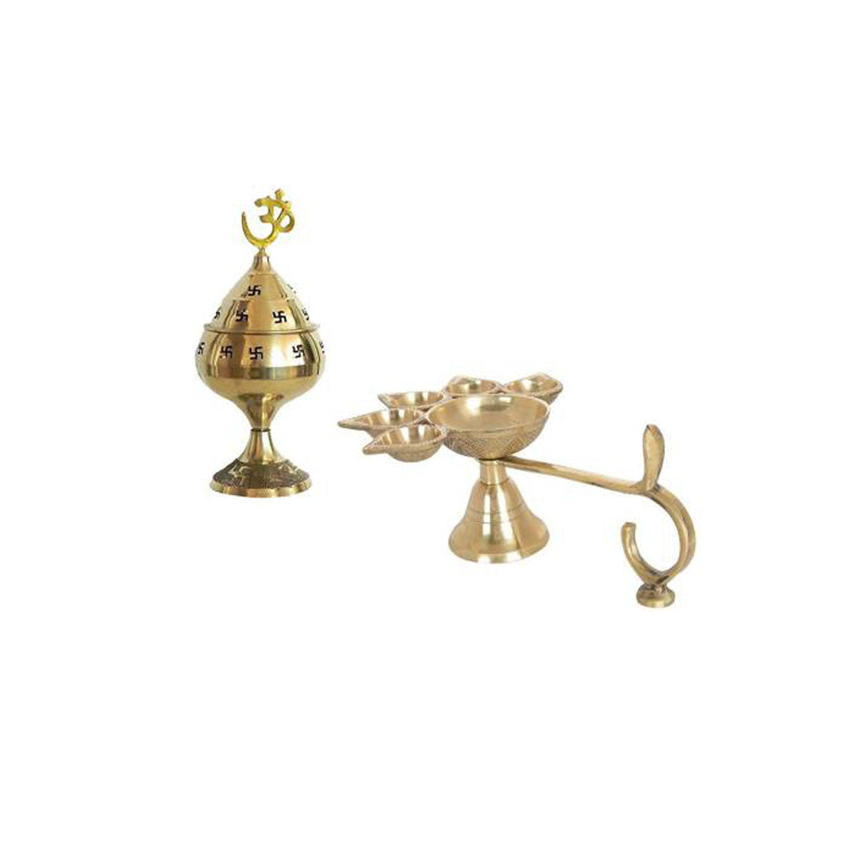 Combo Of 5 Face Brass Punch Mukhi Aarti Diya Jyoti Diya Oil Puja Lamp Puja Diya and Jali Akhand Jyoti Deep with Stand Brass