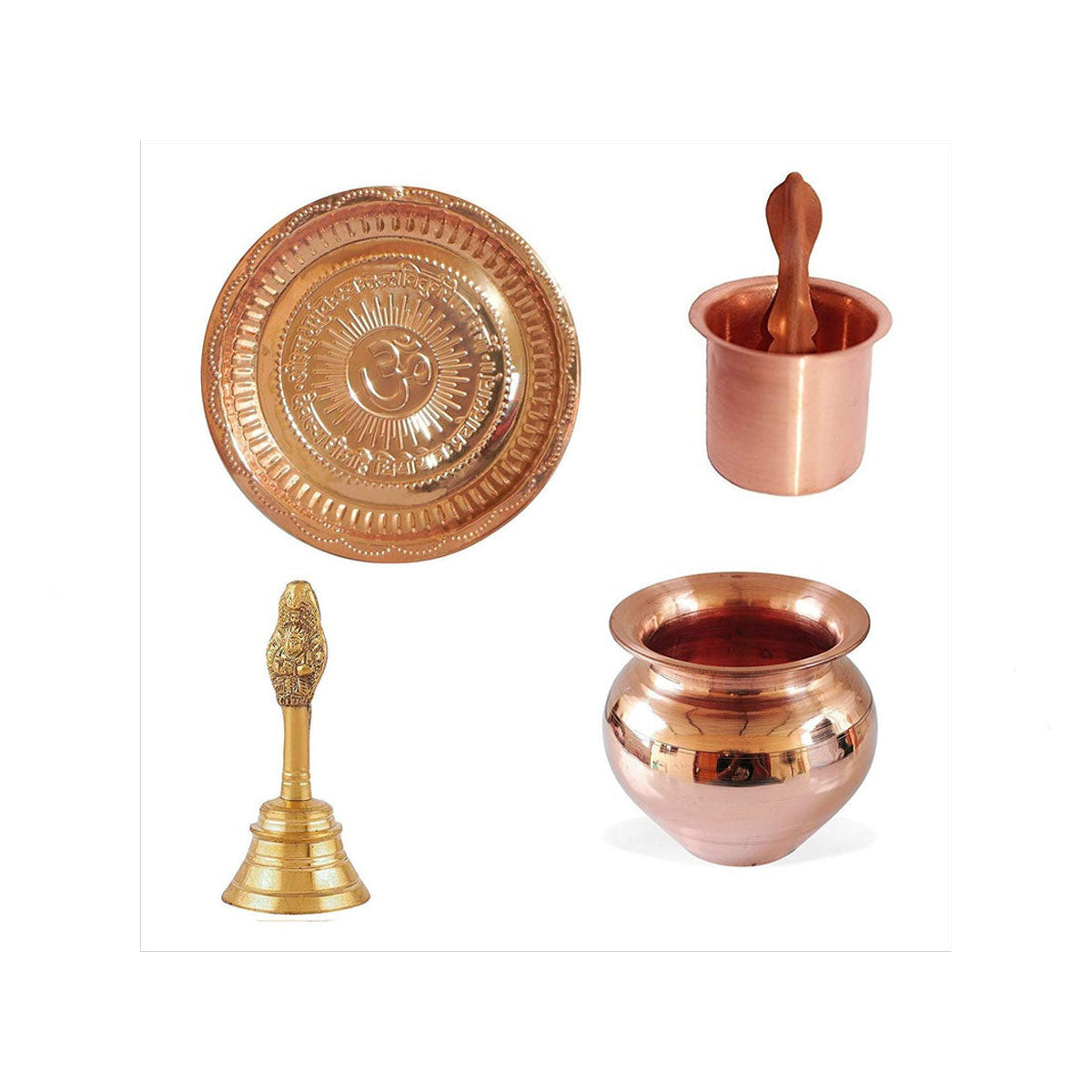 Combo of Copper Pooja Thali,Naksi Thali, Lota, Panch Patra with Pali and Brass Aarti Bell for Home, Office, Temple Total - 5 Pieces