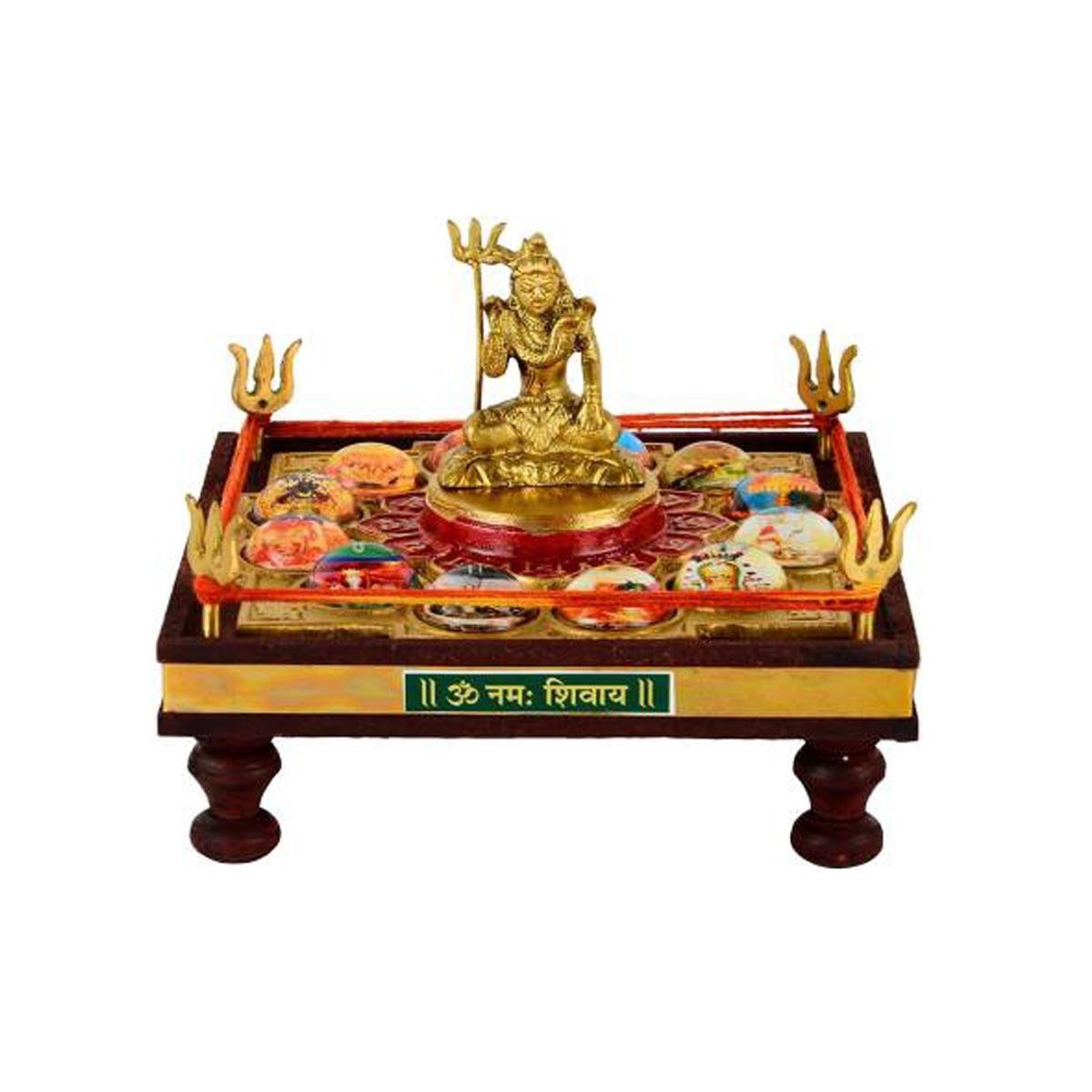 12 Jyotirling Sampoorna Shiva Yantra Chowki with Lord Shiva Idol In Brass & Wood