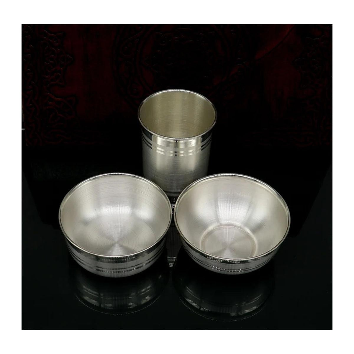 999 pure silver combo of two bowl and single glass, silver vessel, silver baby utensils, silver puja article