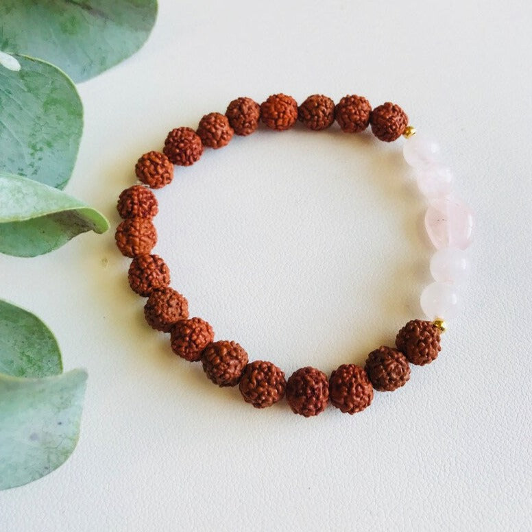 Rose Quartz and Rudraksha Seed Bracelet, Meditation Bracelet, Crystal Healing Jewelry, Spiritual Gift