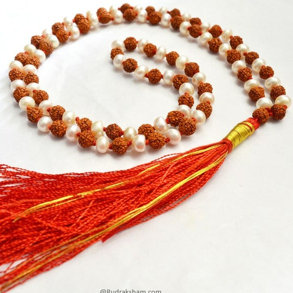 Pearl Moti with 5 Mukhi Rudraksha mala with 108 beads in Red thread