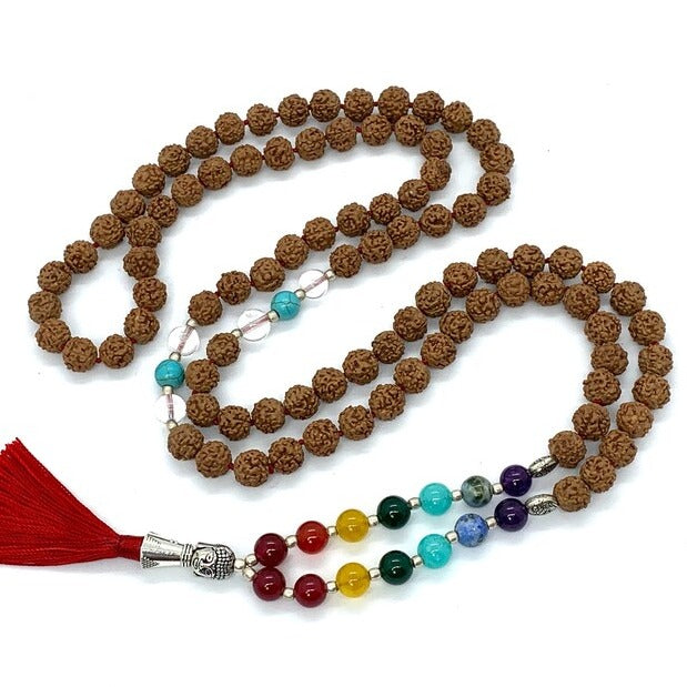 5 Mukhi Rudraksha mala bead necklace, 7 chakra mala, knotted mala