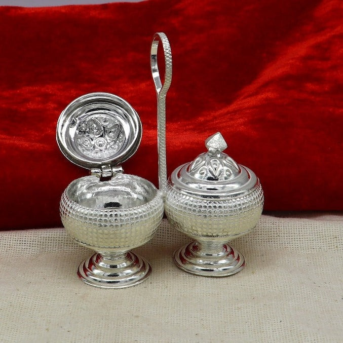 Design sterling silver excellent kumkum/ sindur, sandal, saffron tilak box, brides gift or puja utensils