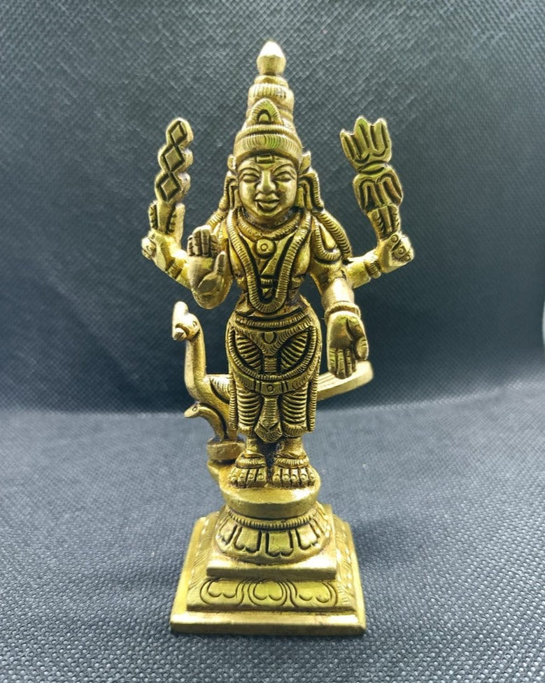 Super Fine Quality Pure Brass Lord Swami Kartikeya Gold Idol Statue, Goddess Murugan Kartike Idol, God of wealth, fortune, love and beauty