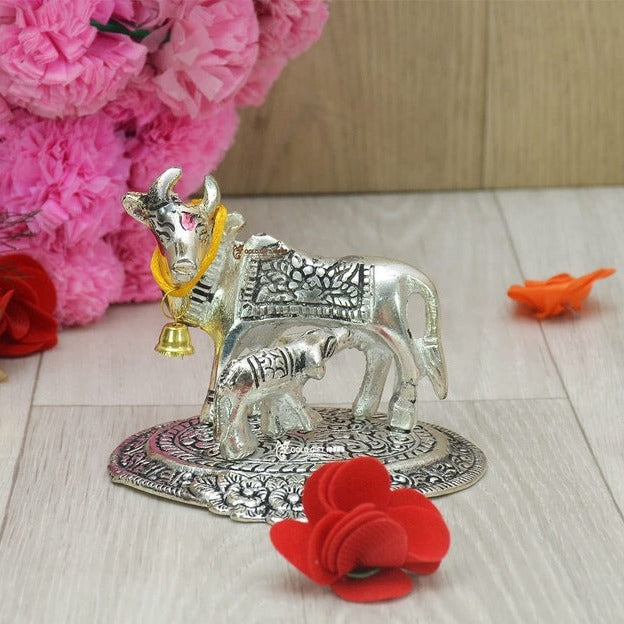 Oxidized Silver Plated Cow and Calf Idol for Home Decor, Kamdhenu Cow and Calf Statue for Gift