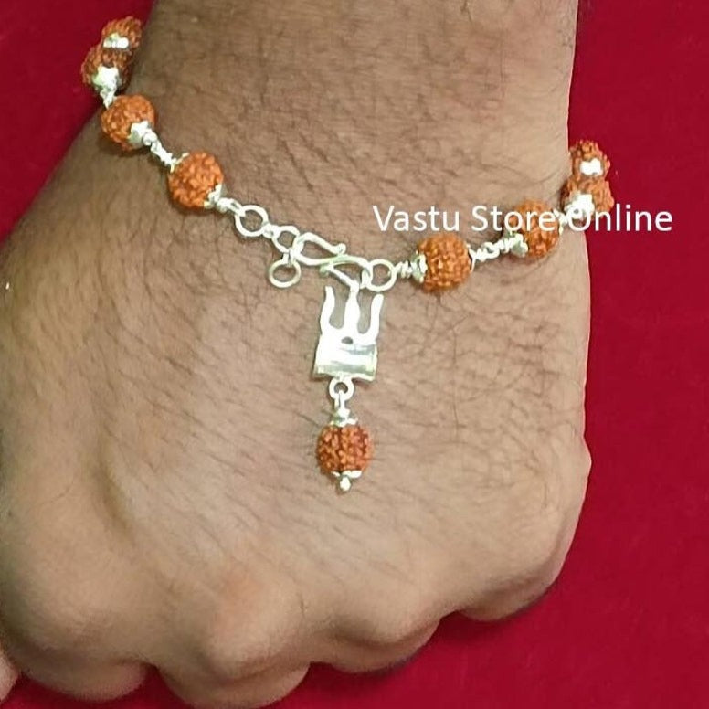 Fine Silver Trishul Damru with 5 Mukhi Java Rudraksha Bracelet in Pure Silver, 5 Mukhi Rudraksha Bracelet