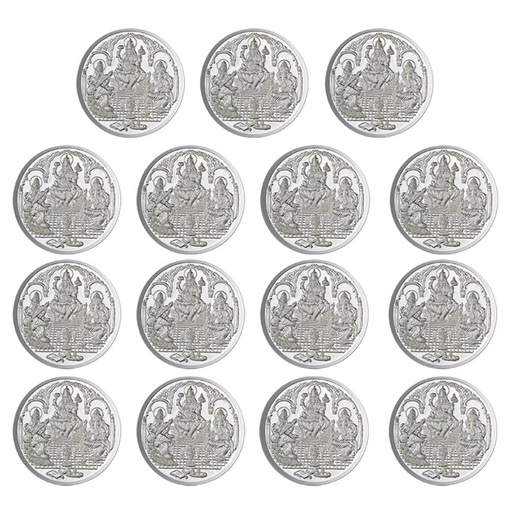 Ganesh Lakshmi Saraswati Coin In Pure 999 Silver 5 Grams Set Of 15 Religious Coins