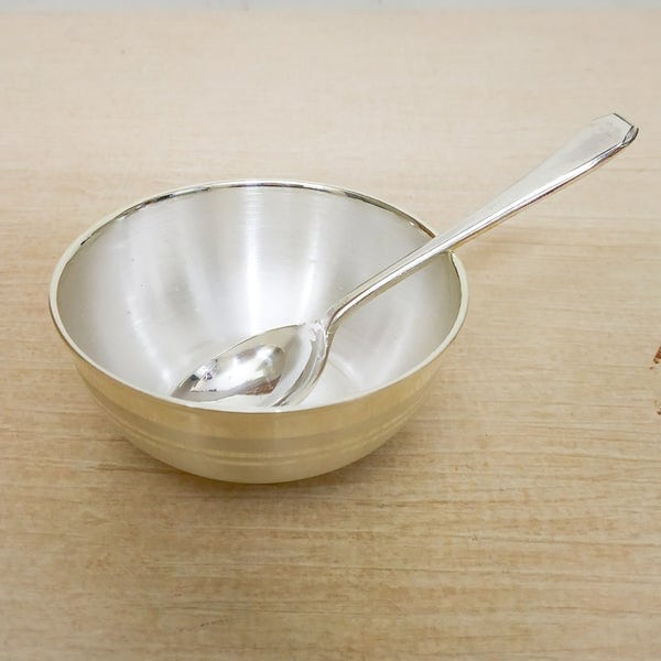 92.5 % Purity Silver Small Size Bowl &amp; Spoon for new born baby for Gifting, Personal Usage