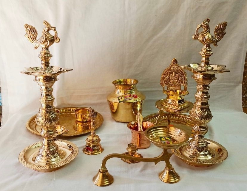 Brass Housewarming Set (Pooja Diya or Vilakku, Brass Pot, Kamatachi Oil Lamp, Brass plate, Ganesh and Lakshmi Idols)