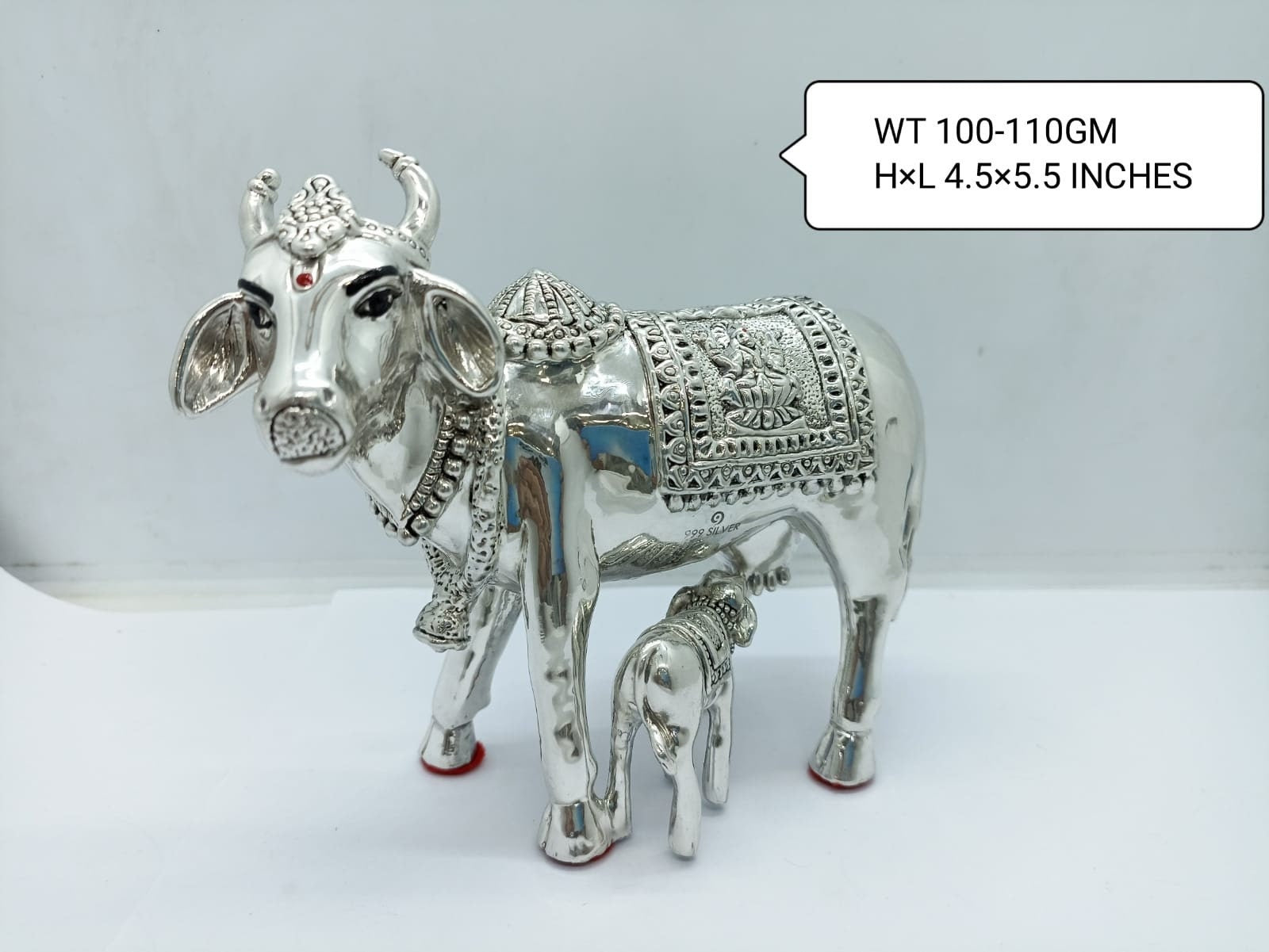 999 Fine Silver Hollow Kamdhenu Cow and Calf Statue