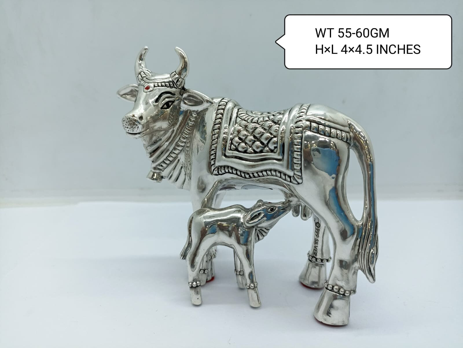 999 Fine Silver Hollow Kamdhenu Cow and Calf Statue for Home Decor