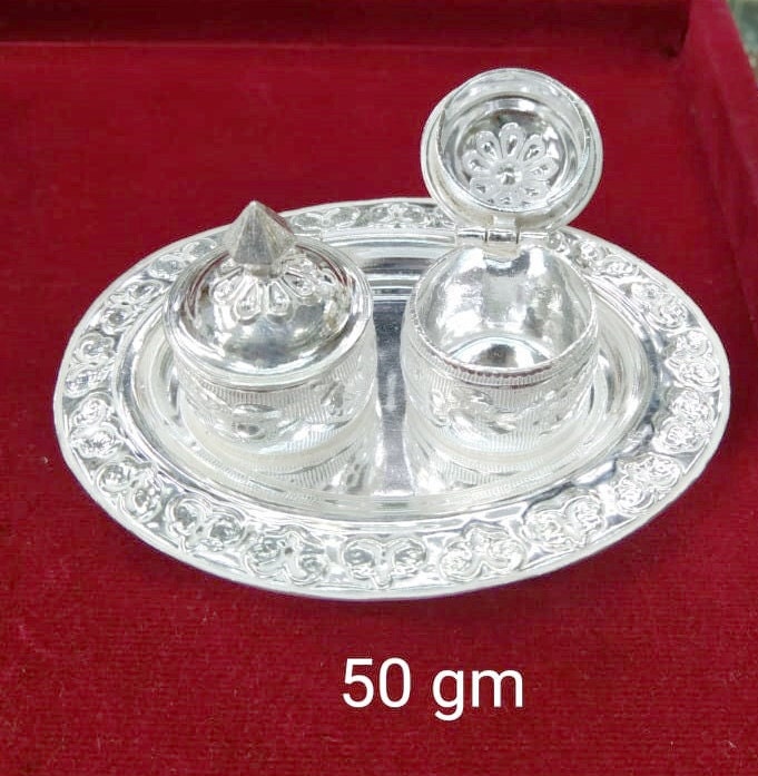 Small Size Pure Silver KumKum (Sindoor) Two Bowls with Thali Dish for Gifting, Personal Use and Pooja Usage