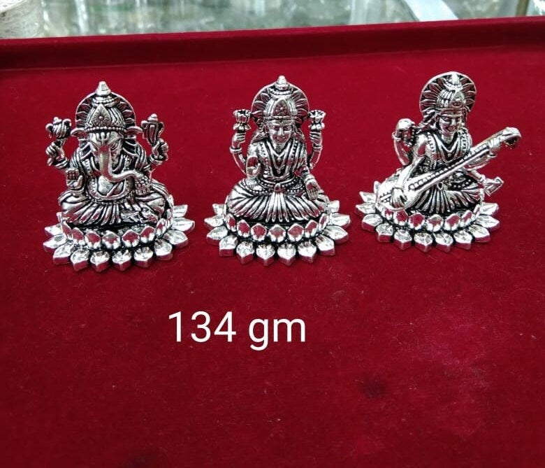 92.5% Antique Pure Silver Small Size Hollow Ganesh, Laxmi and Saraswati Goddess Idol for Pooja, Gifting and Temple Usage