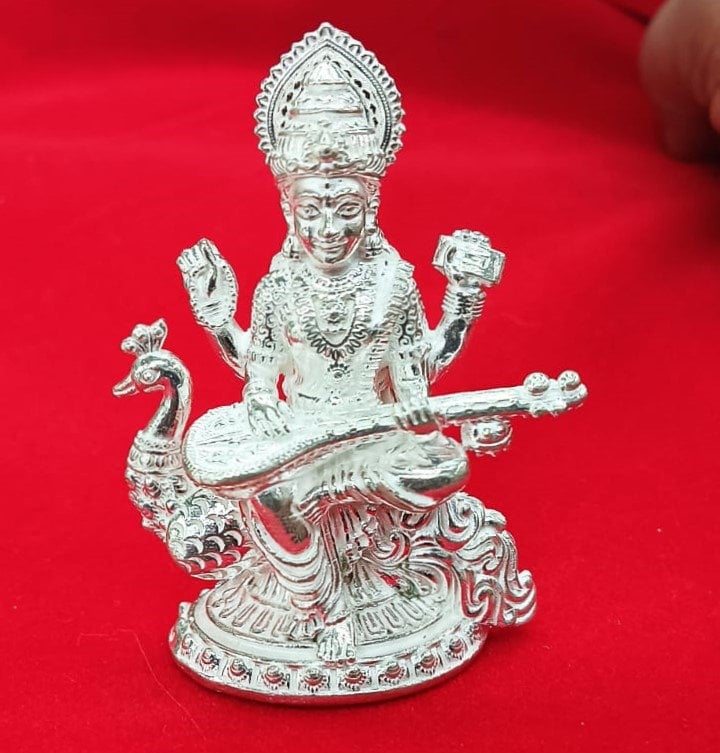 Silver Solid Goddess Saraswati Idol/Sarasvati MATA Statue in Silver Hindu Religion Goddess Idol for Gifting, Temple Use