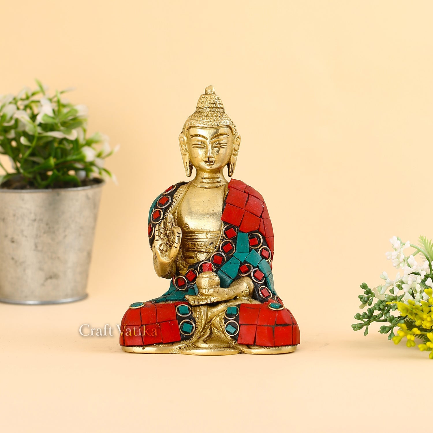 Brass Earth Touching Sitting Tibet Buddha Statue-Bts229